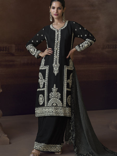 Black Chinon Silk Embroidered Designer Palazzo Suit
