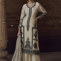 Off White Chinon Silk Embroidered Designer Palazzo Suit