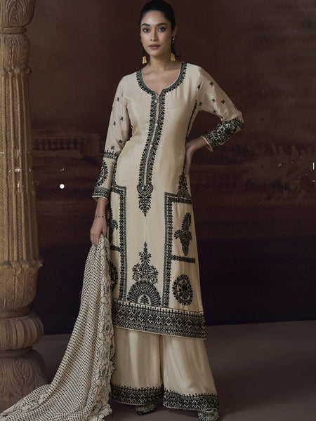 Off White Chinon Silk Embroidered Designer Palazzo Suit