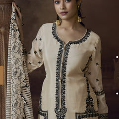 Off White Chinon Silk Embroidered Designer Palazzo Suit