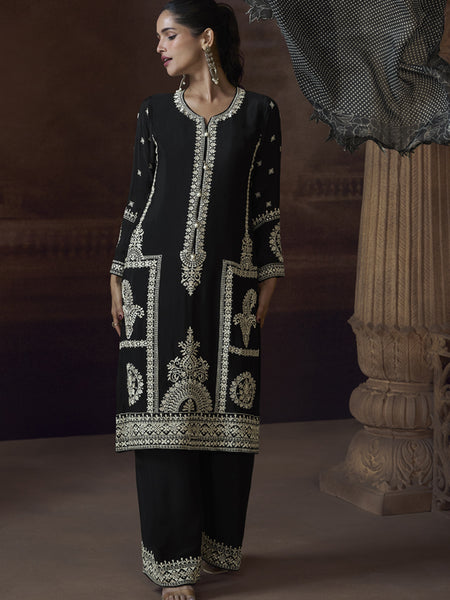 Black Chinon Silk Embroidered Designer Palazzo Suit
