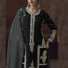 Black Chinon Silk Embroidered Designer Palazzo Suit