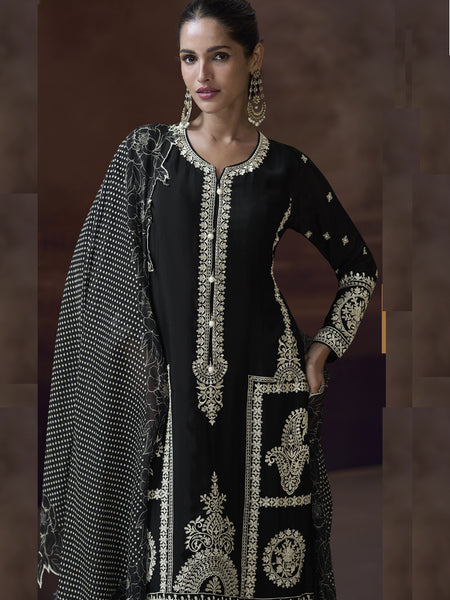 Black Chinon Silk Embroidered Designer Palazzo Suit