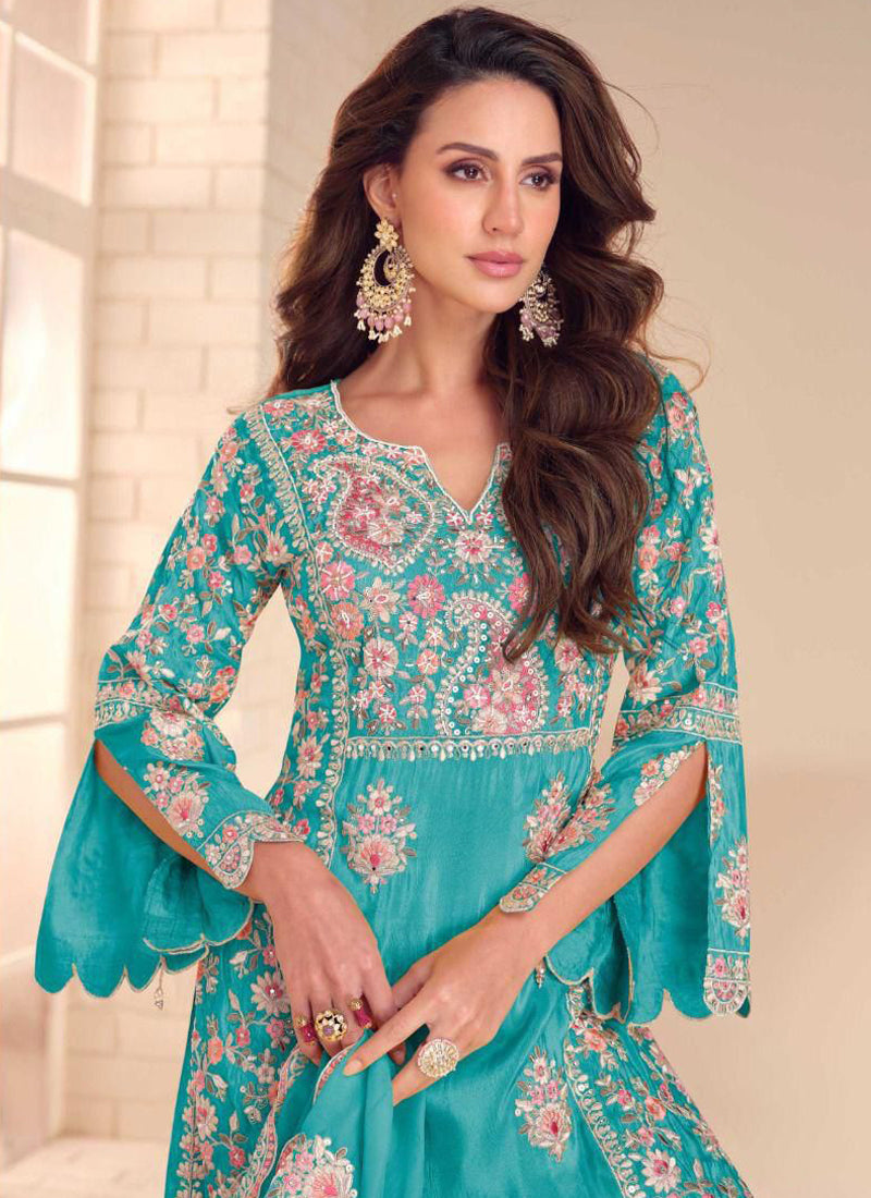 Sky Blue Shimmer Silk Embroidered Designer Palazzo Suit