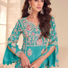 Sky Blue Shimmer Silk Embroidered Designer Palazzo Suit