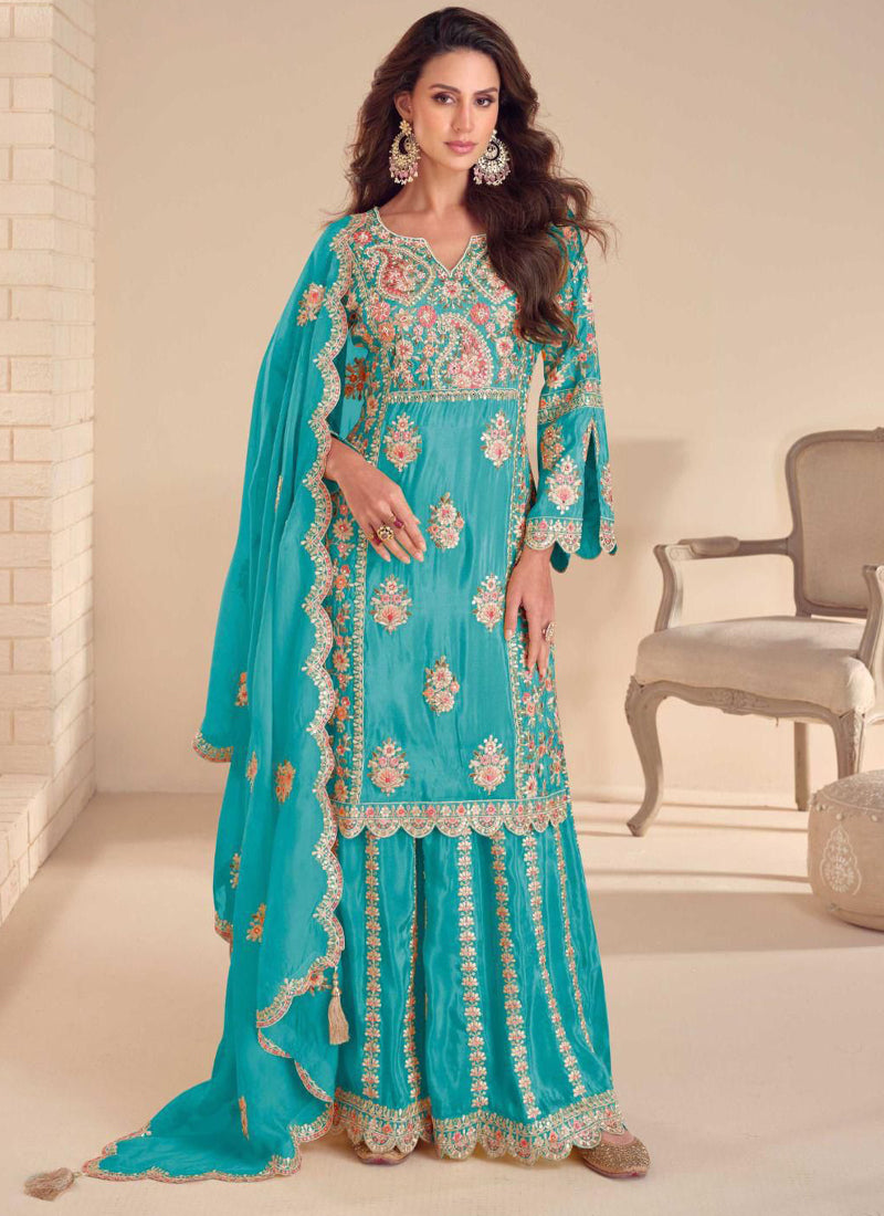 Sky Blue Shimmer Silk Embroidered Designer Palazzo Suit