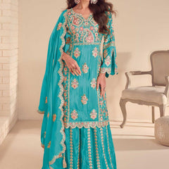 Sky Blue Shimmer Silk Embroidered Designer Palazzo Suit