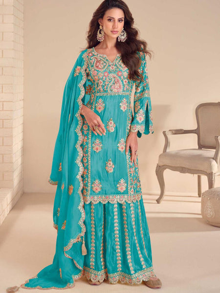 Sky Blue Shimmer Silk Embroidered Designer Palazzo Suit