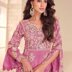 Onion Pink Shimmer Silk Embroidered Designer Palazzo Suit