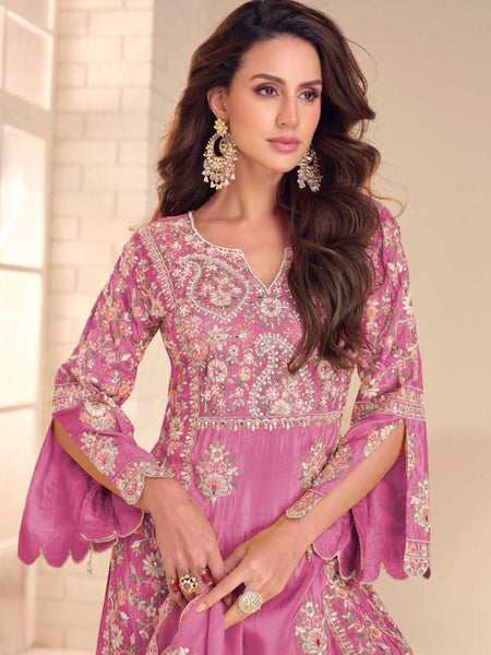 Onion Pink Shimmer Silk Embroidered Designer Palazzo Suit