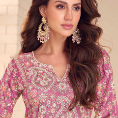 Onion Pink Shimmer Silk Embroidered Designer Palazzo Suit