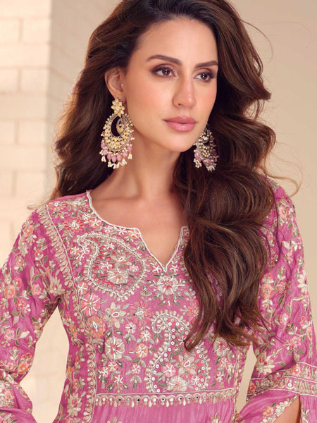 Onion Pink Shimmer Silk Embroidered Designer Palazzo Suit