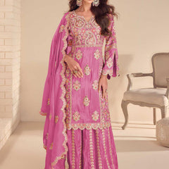 Onion Pink Shimmer Silk Embroidered Designer Palazzo Suit