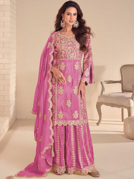 Onion Pink Shimmer Silk Embroidered Designer Palazzo Suit