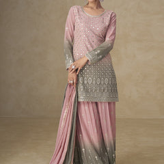 Pink and Grey Embroidered Georgette Sharara Style Suit