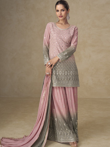 Pink and Grey Embroidered Georgette Sharara Style Suit