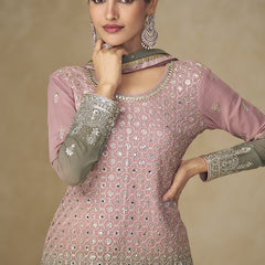 Pink and Grey Embroidered Georgette Sharara Style Suit