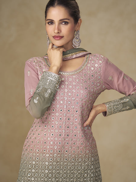 Pink and Grey Embroidered Georgette Sharara Style Suit