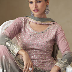 Pink and Grey Embroidered Georgette Sharara Style Suit