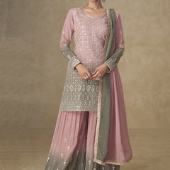 Pink and Grey Embroidered Georgette Sharara Style Suit