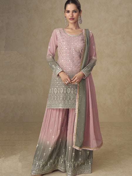 Pink and Grey Embroidered Georgette Sharara Style Suit