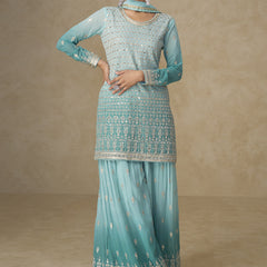 Sky Blue Embroidered Georgette Sharara Style Suit