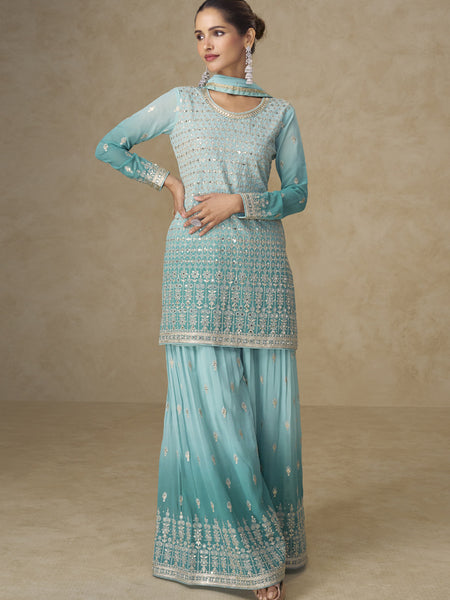 Sky Blue Embroidered Georgette Sharara Style Suit