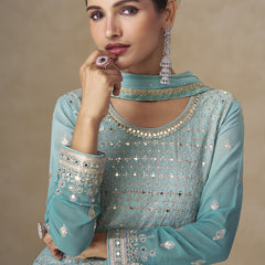 Sky Blue Embroidered Georgette Sharara Style Suit