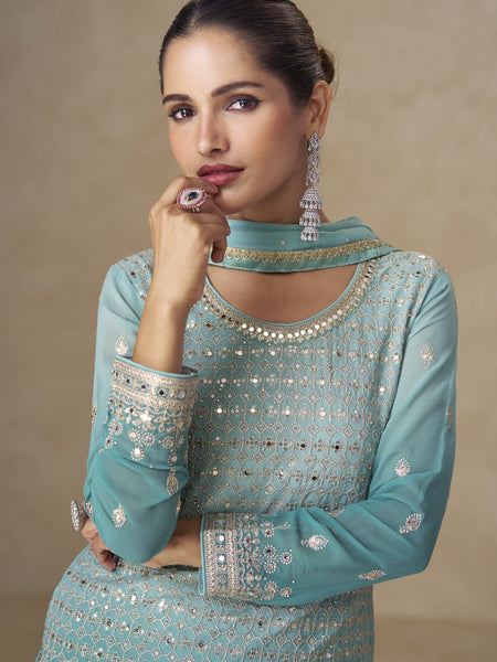 Sky Blue Embroidered Georgette Sharara Style Suit