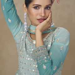 Sky Blue Embroidered Georgette Sharara Style Suit