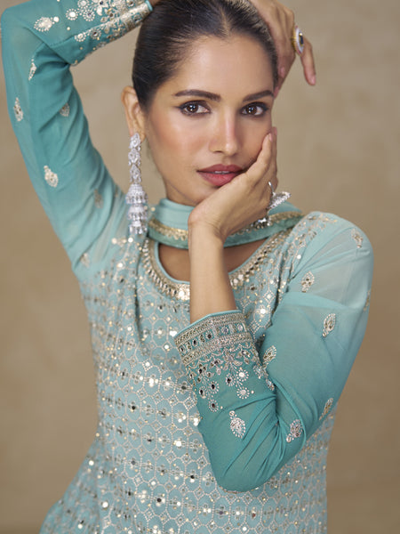 Sky Blue Embroidered Georgette Sharara Style Suit