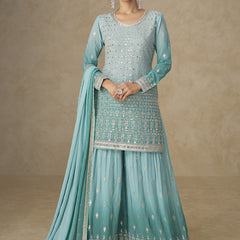 Sky Blue Embroidered Georgette Sharara Style Suit