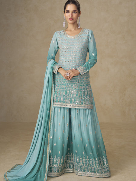 Sky Blue Embroidered Georgette Sharara Style Suit