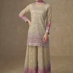 Beige and Pink Embroidered Georgette Sharara Style Suit