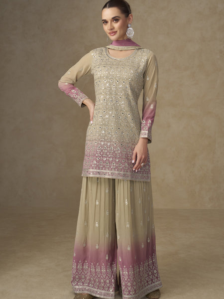 Beige and Pink Embroidered Georgette Sharara Style Suit