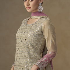Beige and Pink Embroidered Georgette Sharara Style Suit