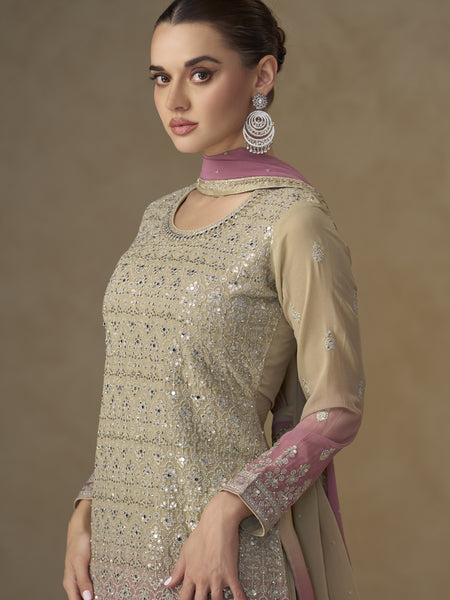 Beige and Pink Embroidered Georgette Sharara Style Suit