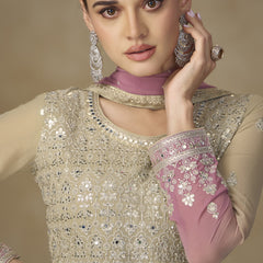 Beige and Pink Embroidered Georgette Sharara Style Suit