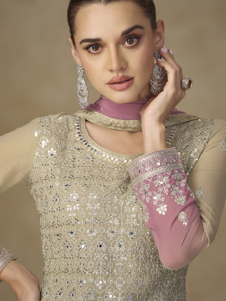 Beige and Pink Embroidered Georgette Sharara Style Suit