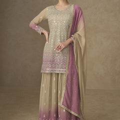 Beige and Pink Embroidered Georgette Sharara Style Suit