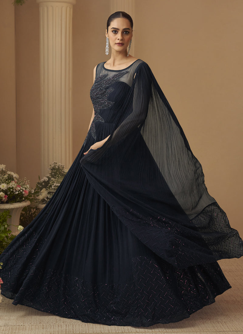 Deep Navy Blue Chinon Silk Embroidered  Trendy Wedding Look Stylish Gown