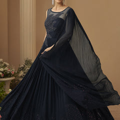 Deep Navy Blue Chinon Silk Embroidered  Trendy Wedding Look Stylish Gown