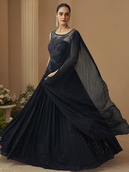 Deep Navy Blue Chinon Silk Embroidered  Trendy Wedding Look Stylish Gown