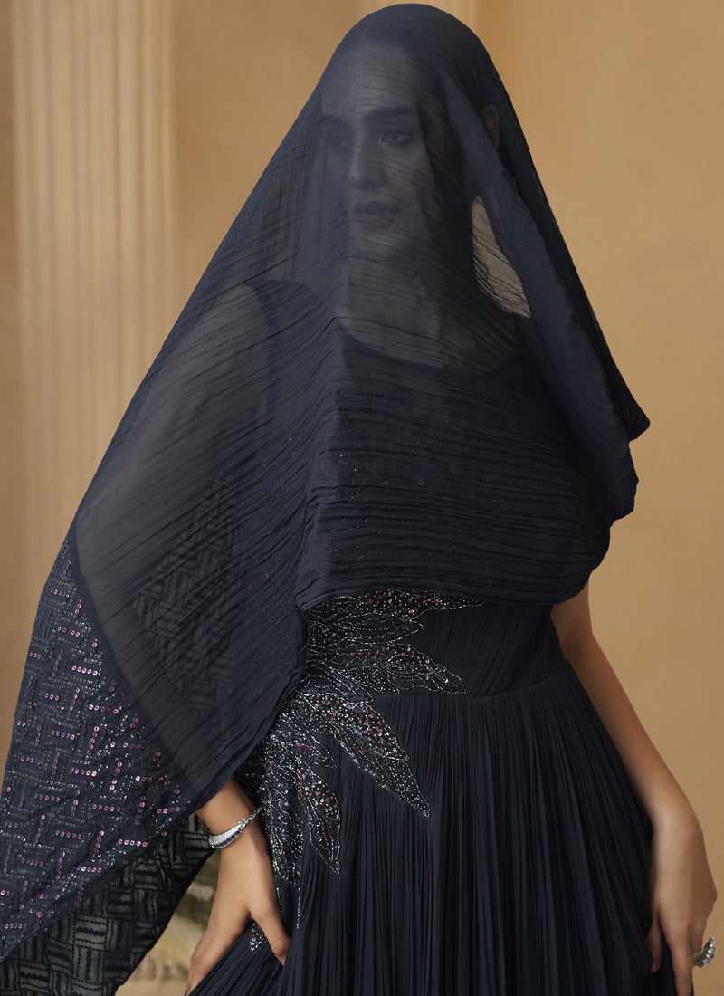 Deep Navy Blue Chinon Silk Embroidered  Trendy Wedding Look Stylish Gown