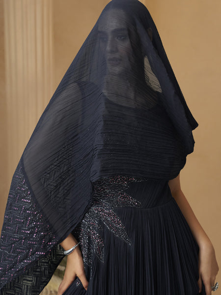 Deep Navy Blue Chinon Silk Embroidered  Trendy Wedding Look Stylish Gown