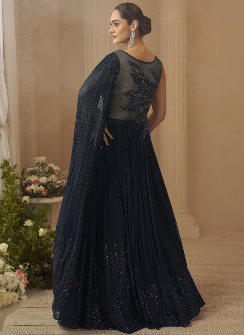 Deep Navy Blue Chinon Silk Embroidered  Trendy Wedding Look Stylish Gown