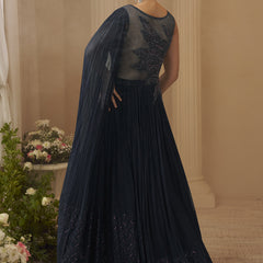 Deep Navy Blue Chinon Silk Embroidered  Trendy Wedding Look Stylish Gown