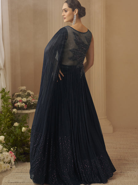 Deep Navy Blue Chinon Silk Embroidered  Trendy Wedding Look Stylish Gown