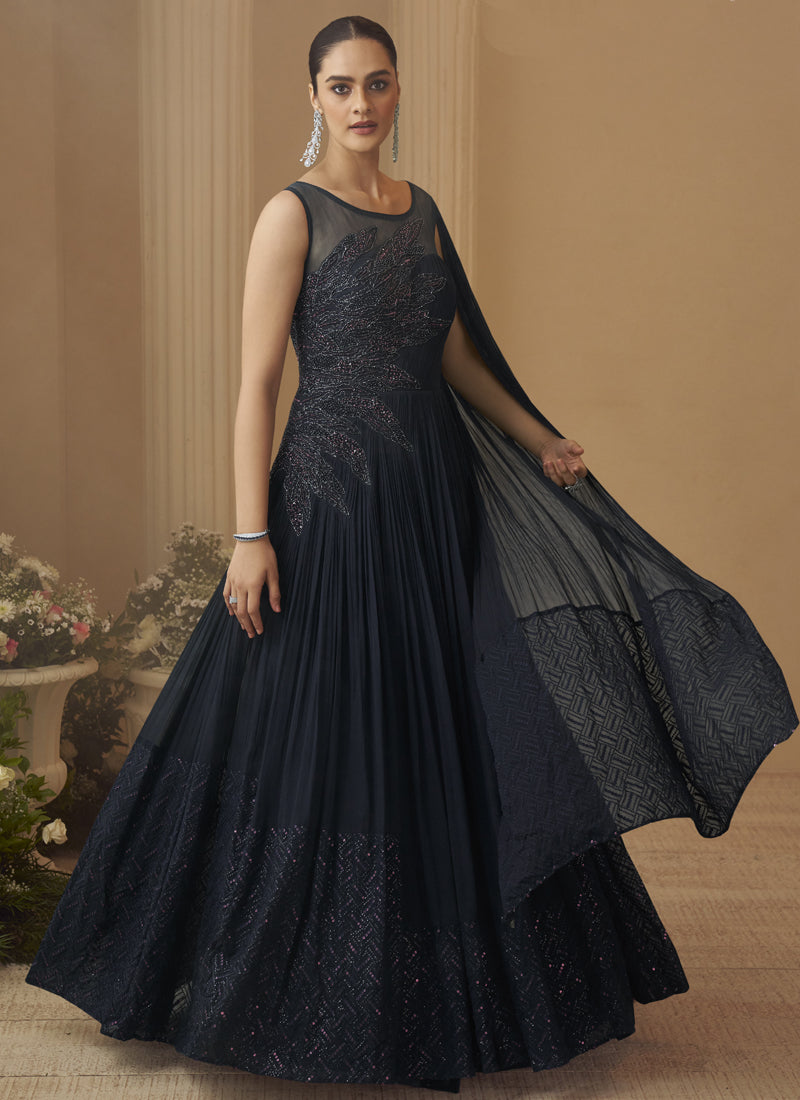 Deep Navy Blue Chinon Silk Embroidered  Trendy Wedding Look Stylish Gown