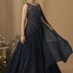 Deep Navy Blue Chinon Silk Embroidered  Trendy Wedding Look Stylish Gown